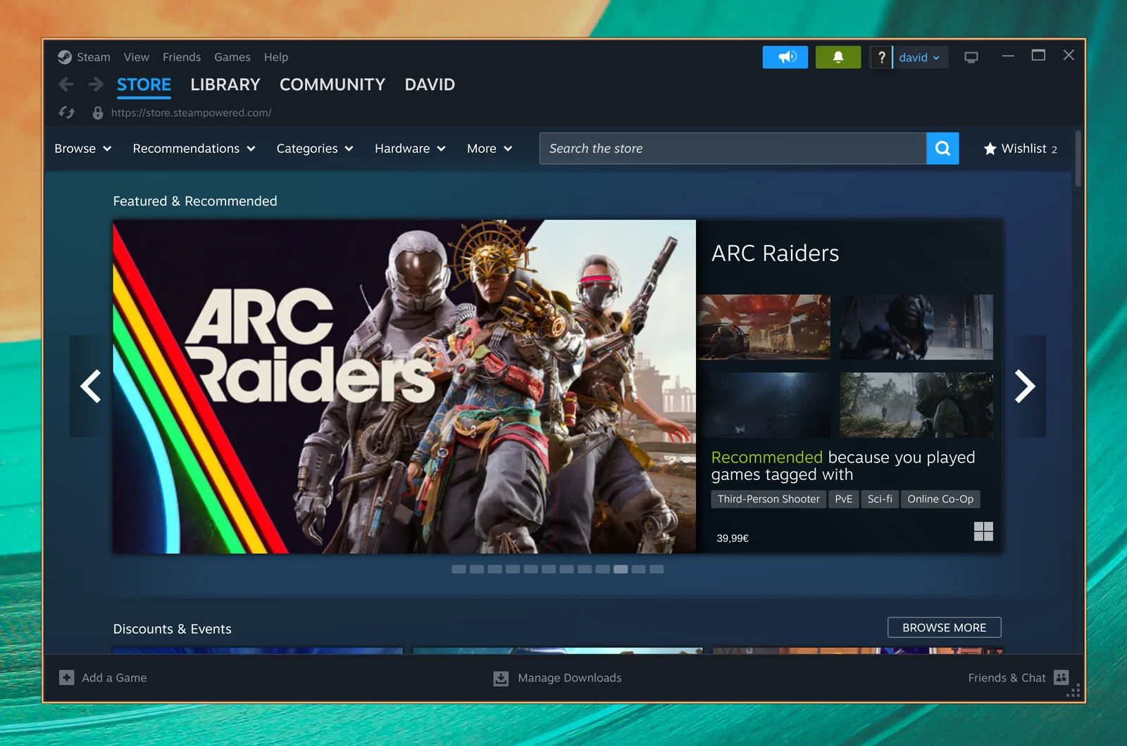 Steam mostrant la seva botiga de jocs a Omarchy